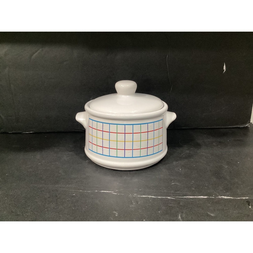 Vintage Mardi Gras Mt Clemens Pottery Bean/Soup Pot Colored Grid On White
